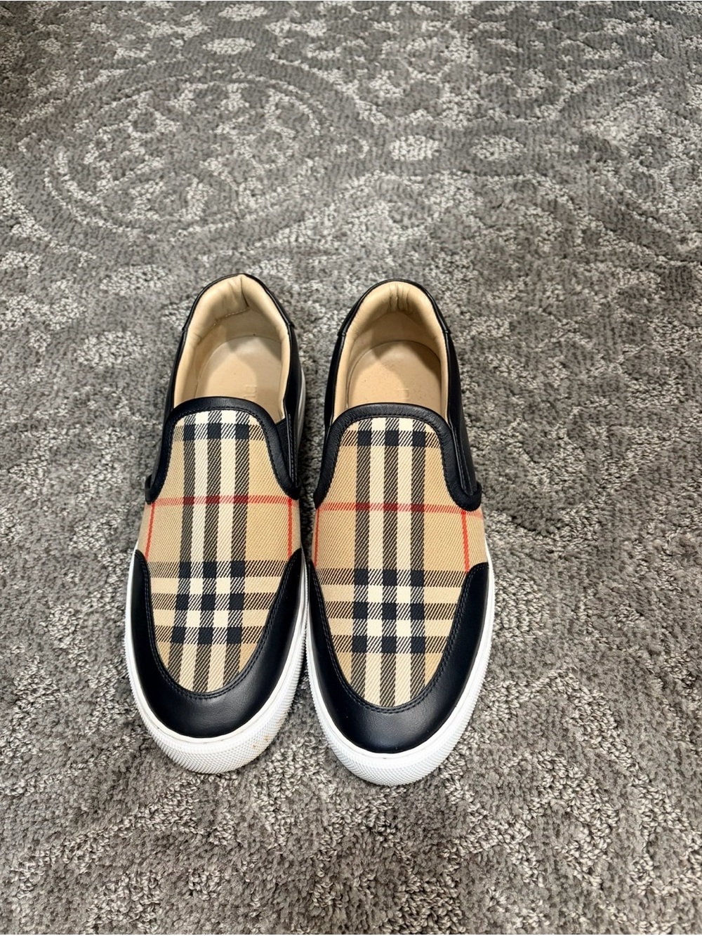 Burberry Beige Nova Check and Black Slip-On Sneakers